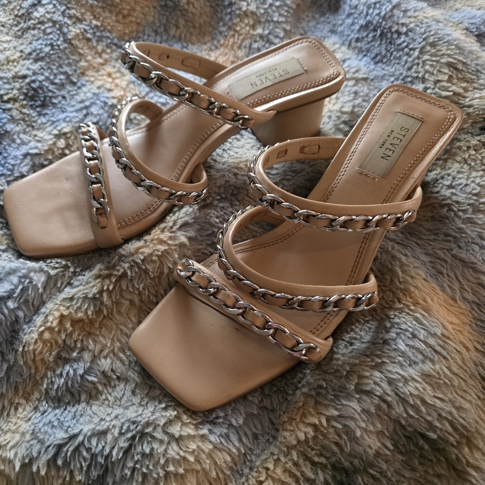 Steven New York Steve Madden Stylish Tan Chain Strap Heels Leather Chunky Kitten